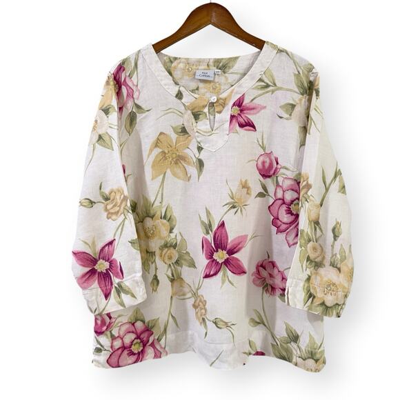 Hot Cotton Tops - Hot Cotton Vtg Linen Floral Peasant Blouse XL Botanical Cottagecore Romantic